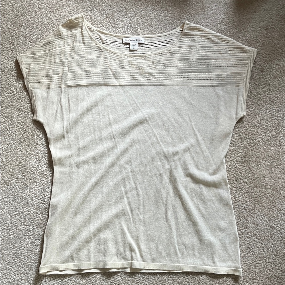 Coldwater Creek Cream Short-Sleeve Knit Top with Textured Yoke Sz L/14